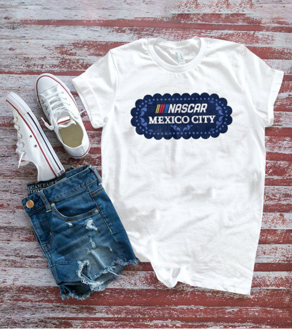 NASCAR Mexico City Scalloped Emblem With Colorful Stripes On Blue Background T-Shirt