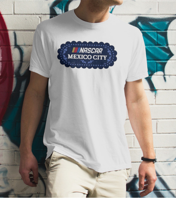 NASCAR Mexico City Scalloped Emblem With Colorful Stripes On Blue Background T-Shirt