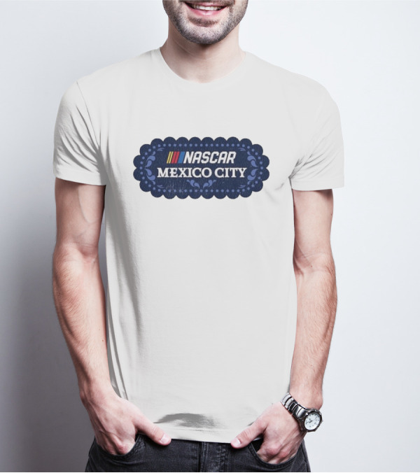 NASCAR Mexico City Scalloped Emblem With Colorful Stripes On Blue Background T-Shirt