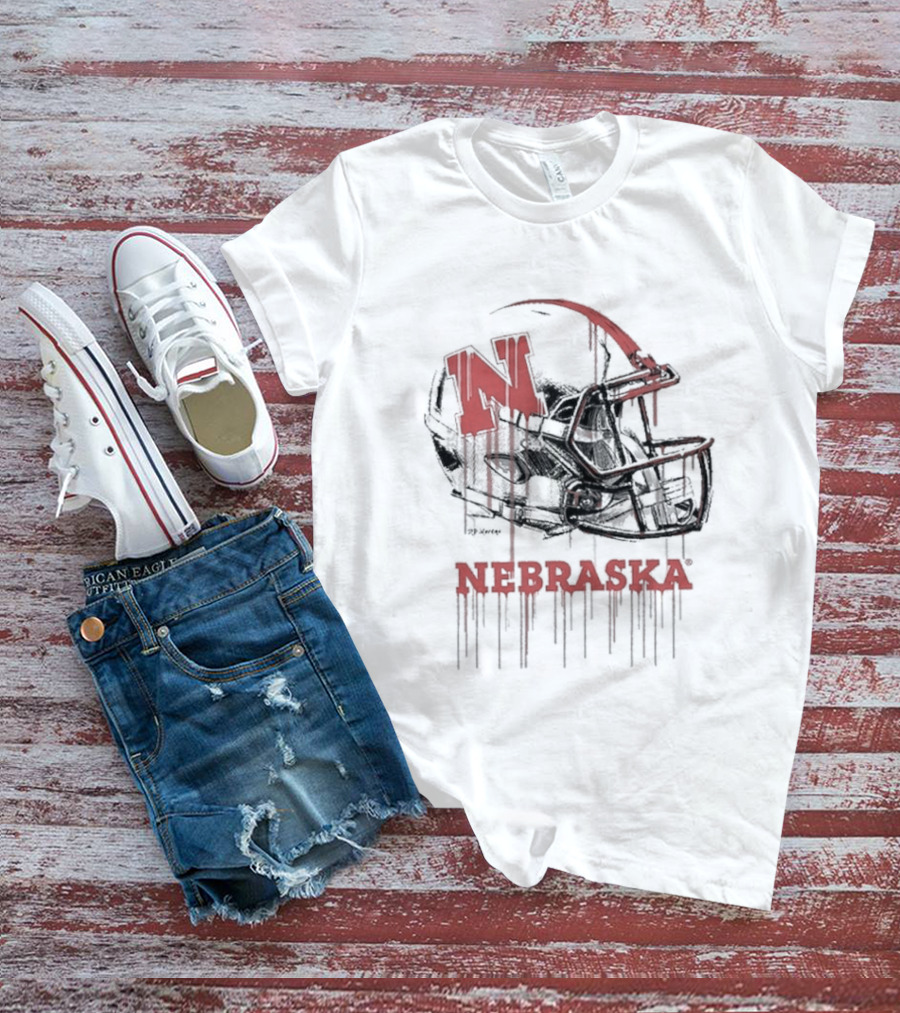 Nebraska Huskers N Dripping Football Helmet T-Shirt