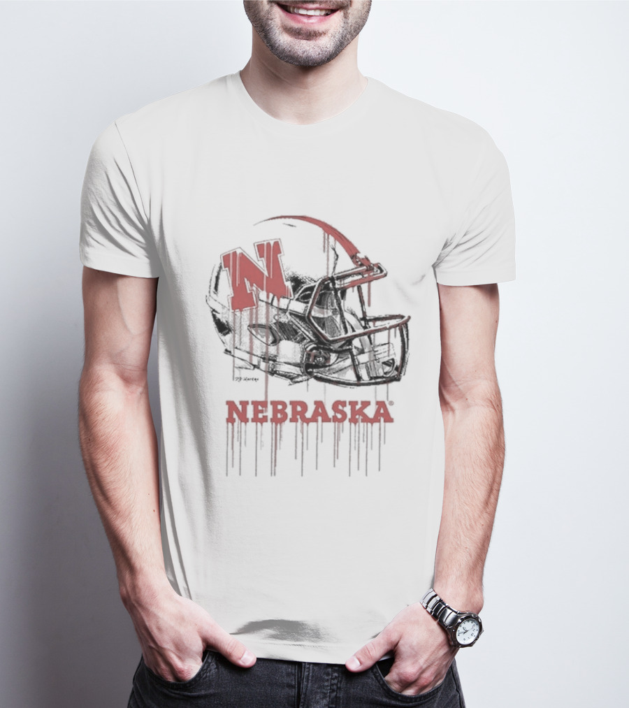 Nebraska Huskers N Dripping Football Helmet T-Shirt