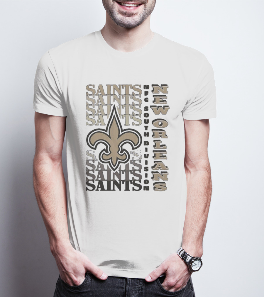 New Orleans Saints NFC South Division Fleur-de-Lis Saints Text Pattern T-Shirt