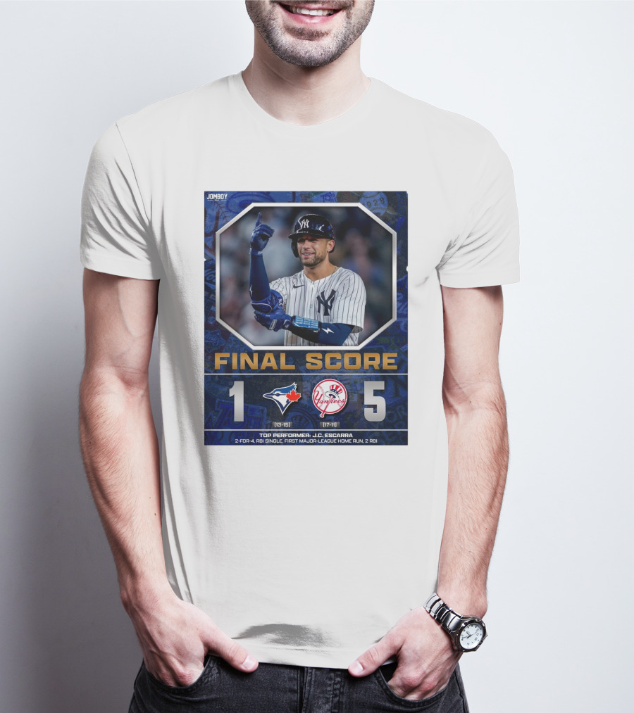Toronto Blue Jays 1 New York Yankees 5 Final Score Top Performer J.C. Escarra 2-for-4 RBI Single First Major-League Home Run 2 RBI T-Shirt