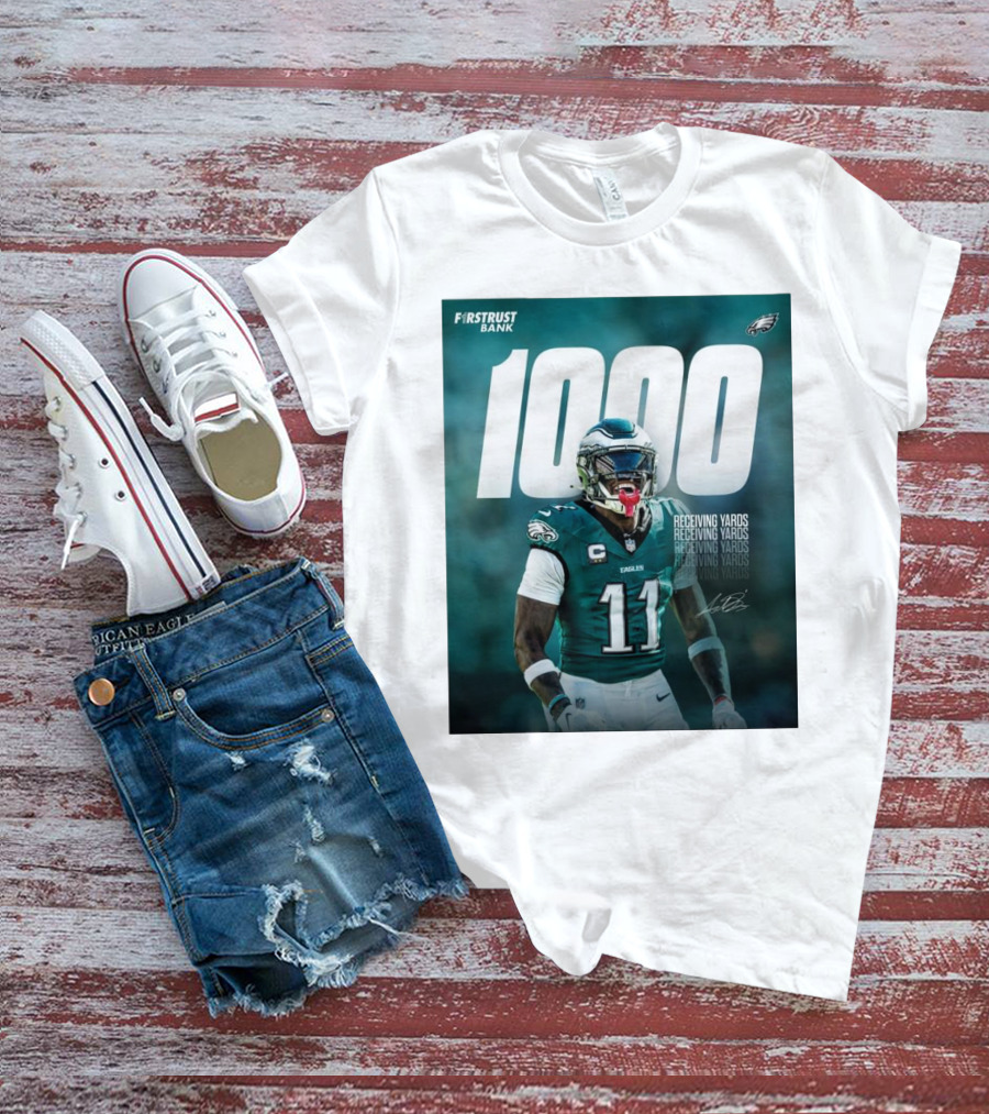 Philadelphia Eagles A.J. Brown 1000 Receiving Yards Signature Fly Eagles Fly NFL T-Shirt