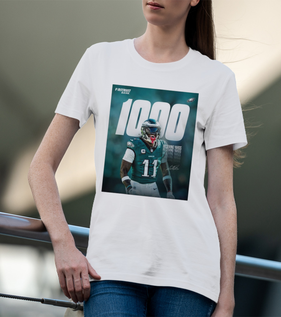 Philadelphia Eagles A.J. Brown 1000 Receiving Yards Signature Fly Eagles Fly NFL T-Shirt