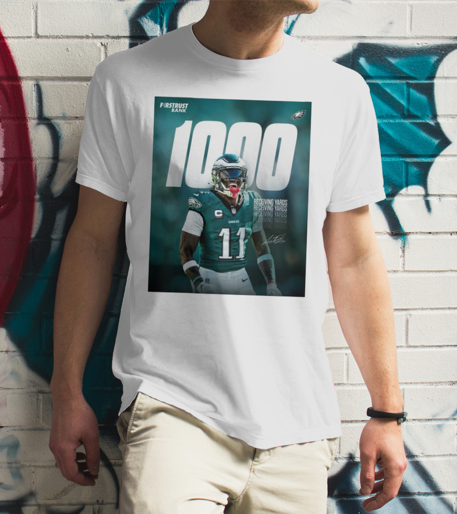 Philadelphia Eagles A.J. Brown 1000 Receiving Yards Signature Fly Eagles Fly NFL T-Shirt