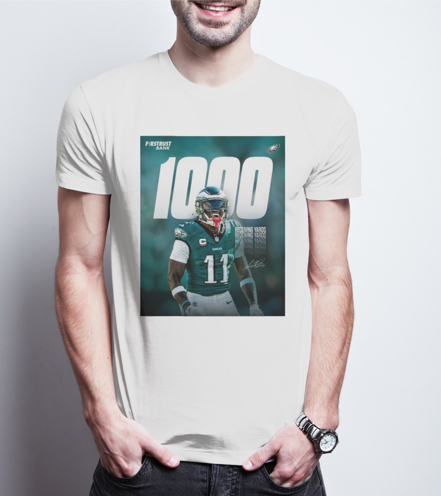 Philadelphia Eagles A.J. Brown 1000 Receiving Yards Signature Fly Eagles Fly NFL T-Shirt