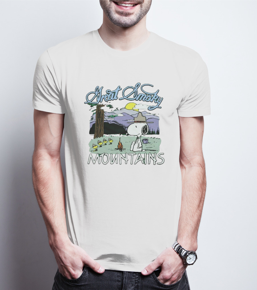 Snoopy Great Smoky Mountains Camping Scene With Woodstock Characters T-Shirt