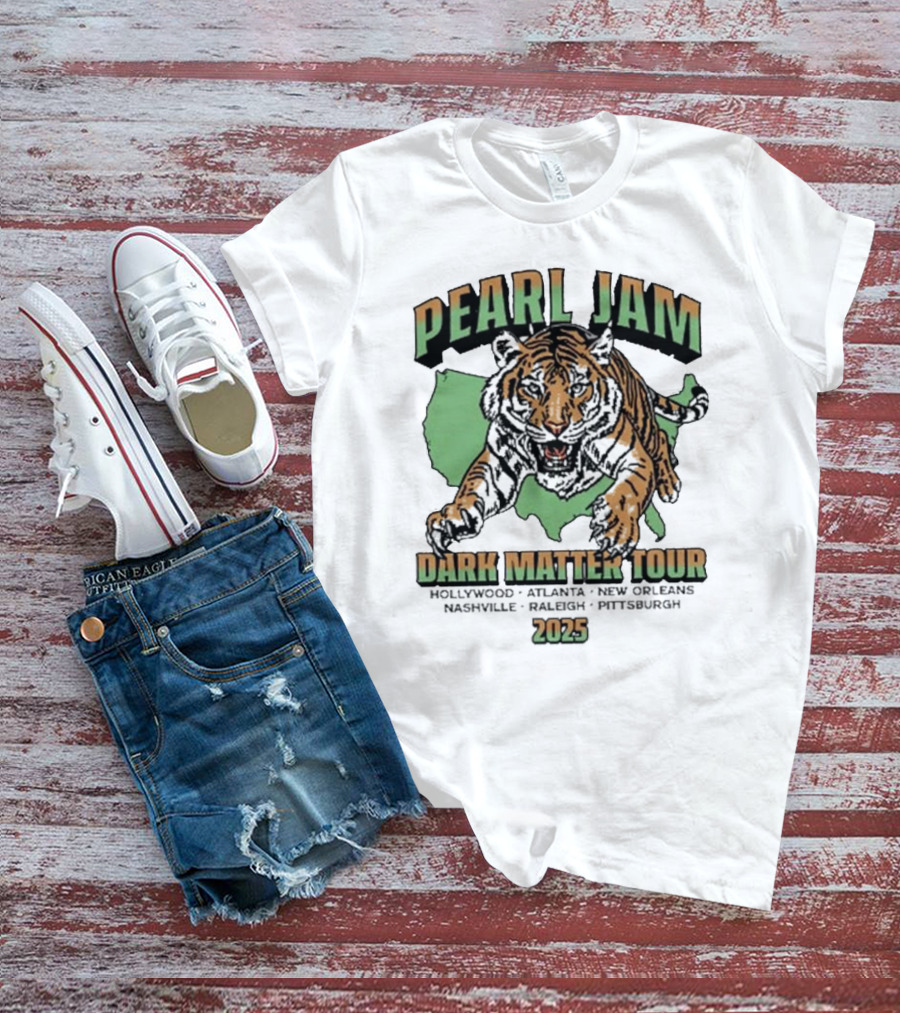 Pearl Jam Dark Matter Tour 2025 Tiger Tour Stops T-Shirt