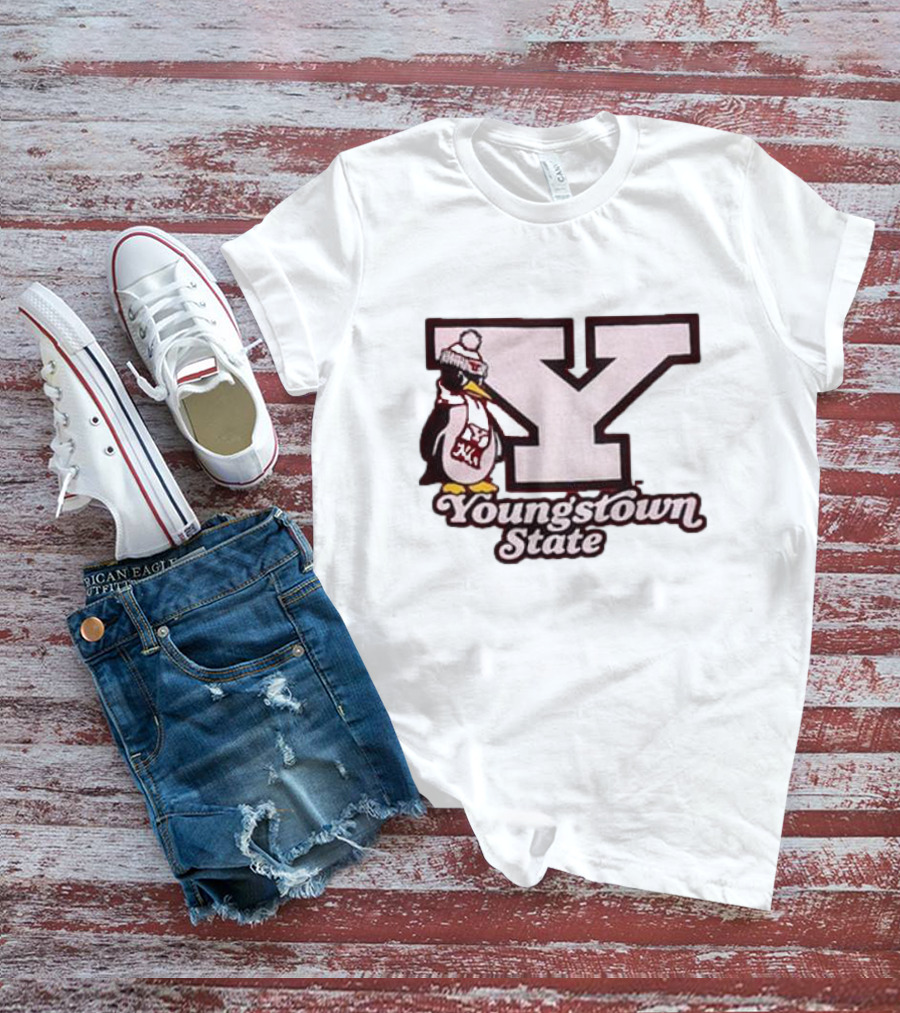 Youngstown State Pete Block Y Logo And Penguin With Scarf T-Shirt