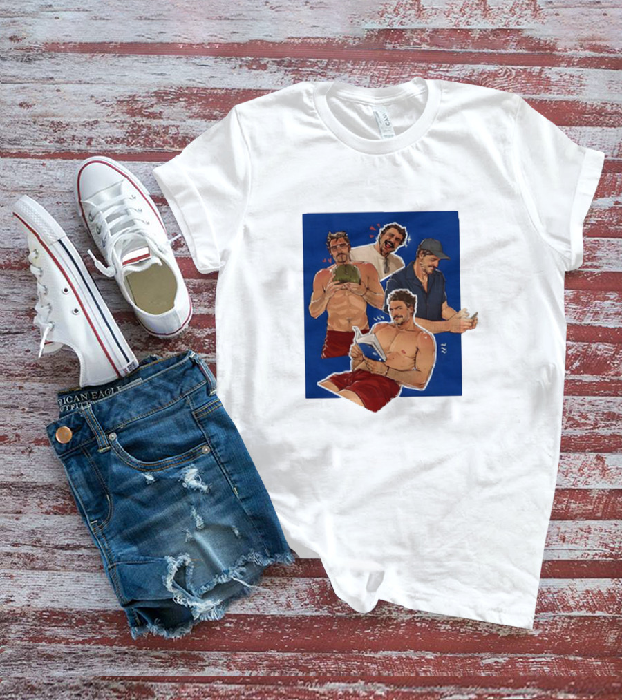 Pedro Pascal Humorous Illustrated Collage Reading And Relaxing Moments T-Shirt