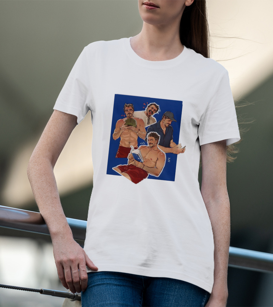 Pedro Pascal Humorous Illustrated Collage Reading And Relaxing Moments T-Shirt