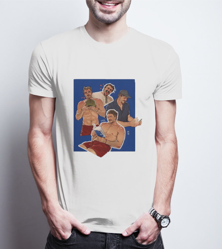 Pedro Pascal Humorous Illustrated Collage Reading And Relaxing Moments T-Shirt