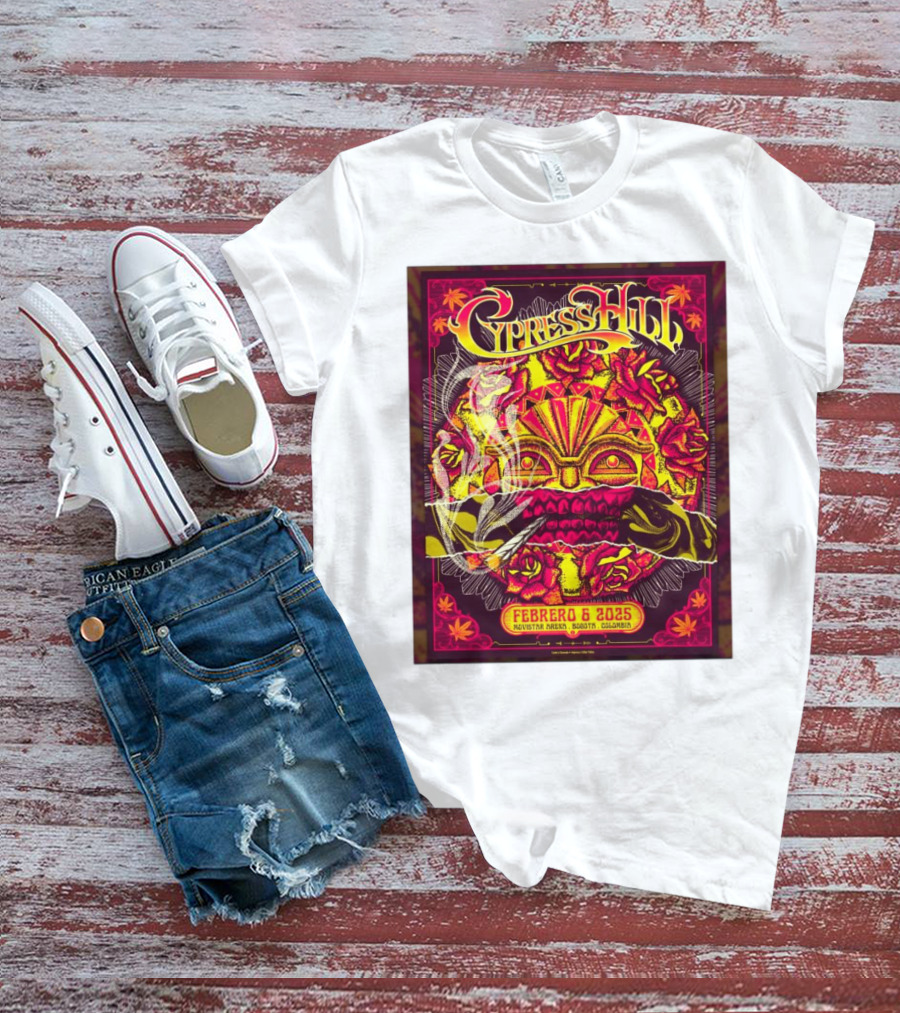 Cypress Hill Febrero 6 2025 Movistar Arena Bogotá Colombia Sun Mask Smoking Roses T-Shirt