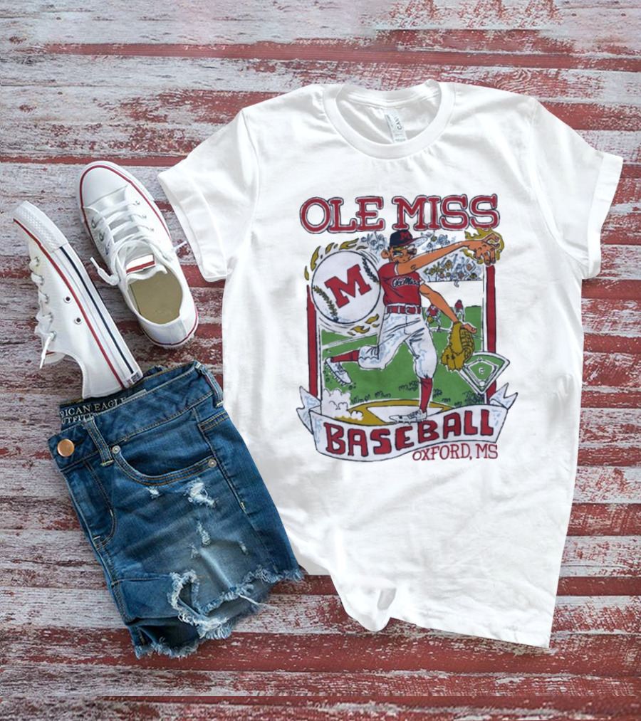 Ole Miss Baseball Oxford MS Pitcher Illustration With M Logo T-Shirt