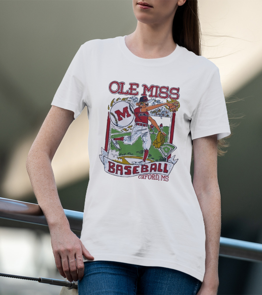 Ole Miss Baseball Oxford MS Pitcher Illustration With M Logo T-Shirt