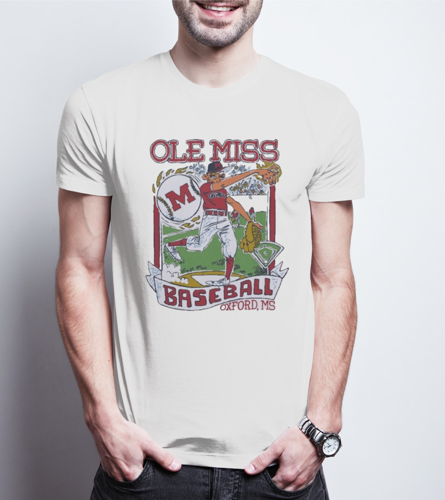 Ole Miss Baseball Oxford MS Pitcher Illustration With M Logo T-Shirt