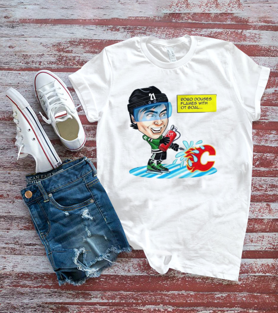 Robo Douses Flames With OT Goal Hockey Player Cartoon Extinguishing Calgary Flame Logo T-Shirt