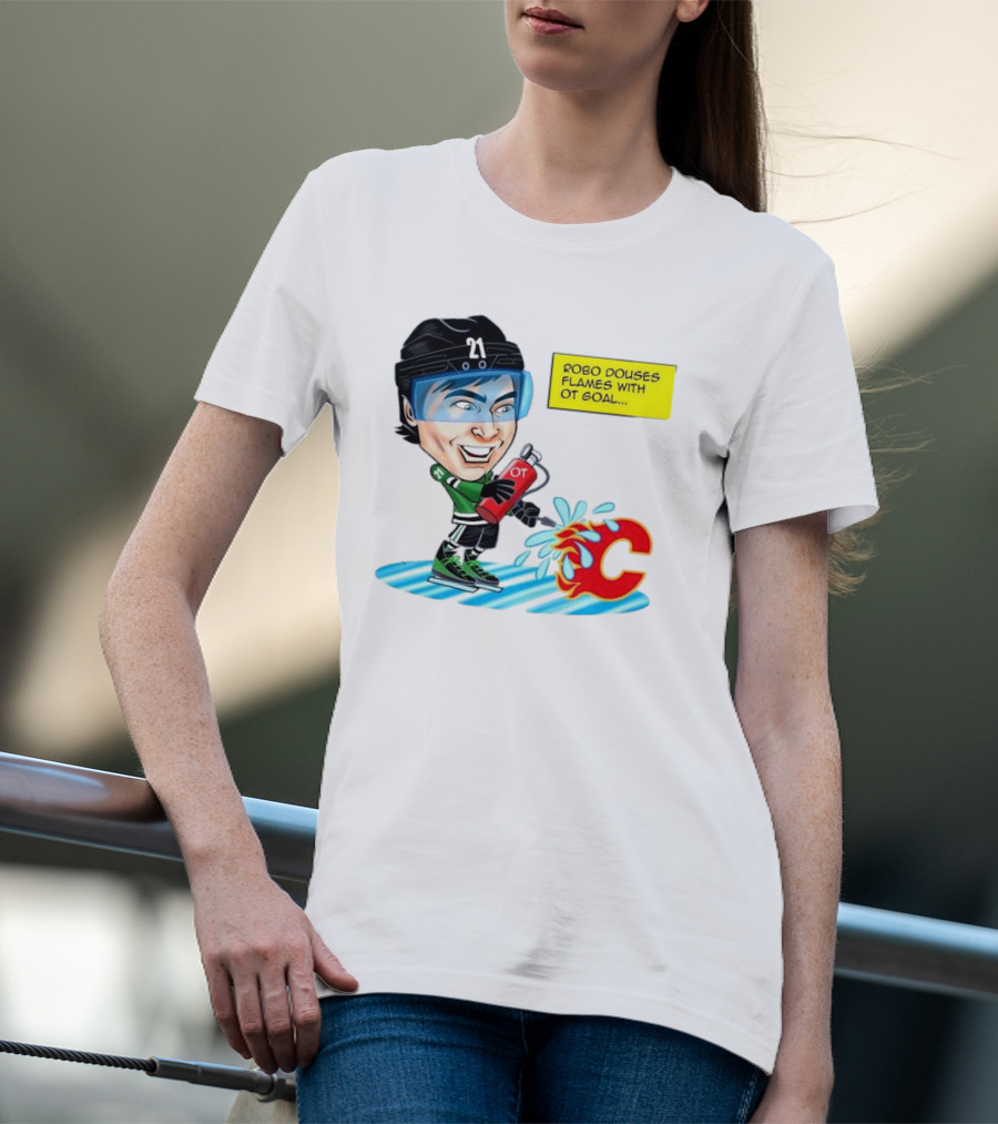 Robo Douses Flames With OT Goal Hockey Player Cartoon Extinguishing Calgary Flame Logo T-Shirt
