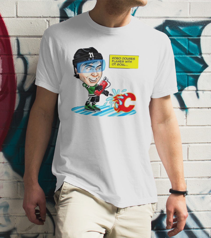 Robo Douses Flames With OT Goal Hockey Player Cartoon Extinguishing Calgary Flame Logo T-Shirt