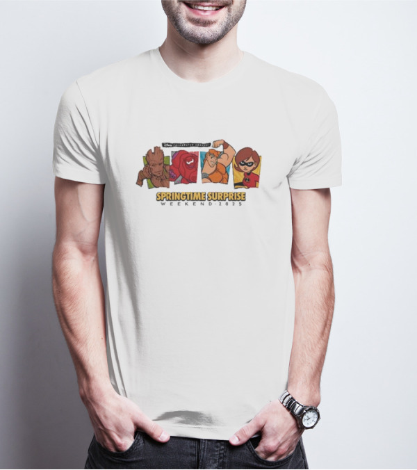Run Disney Springtime Surprise Weekend 2025 Groot Baymax Hercules Elastigirl T-Shirt