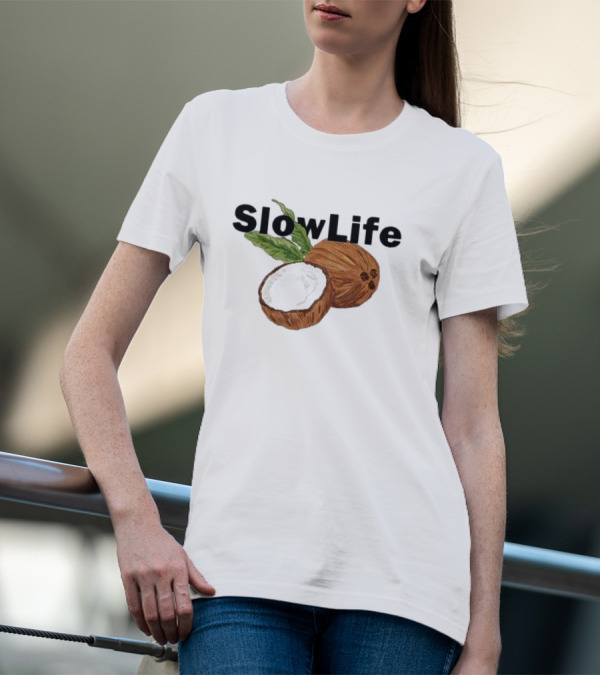 Slow Life Coconut Illustration With Text And Leaves T-Shirt