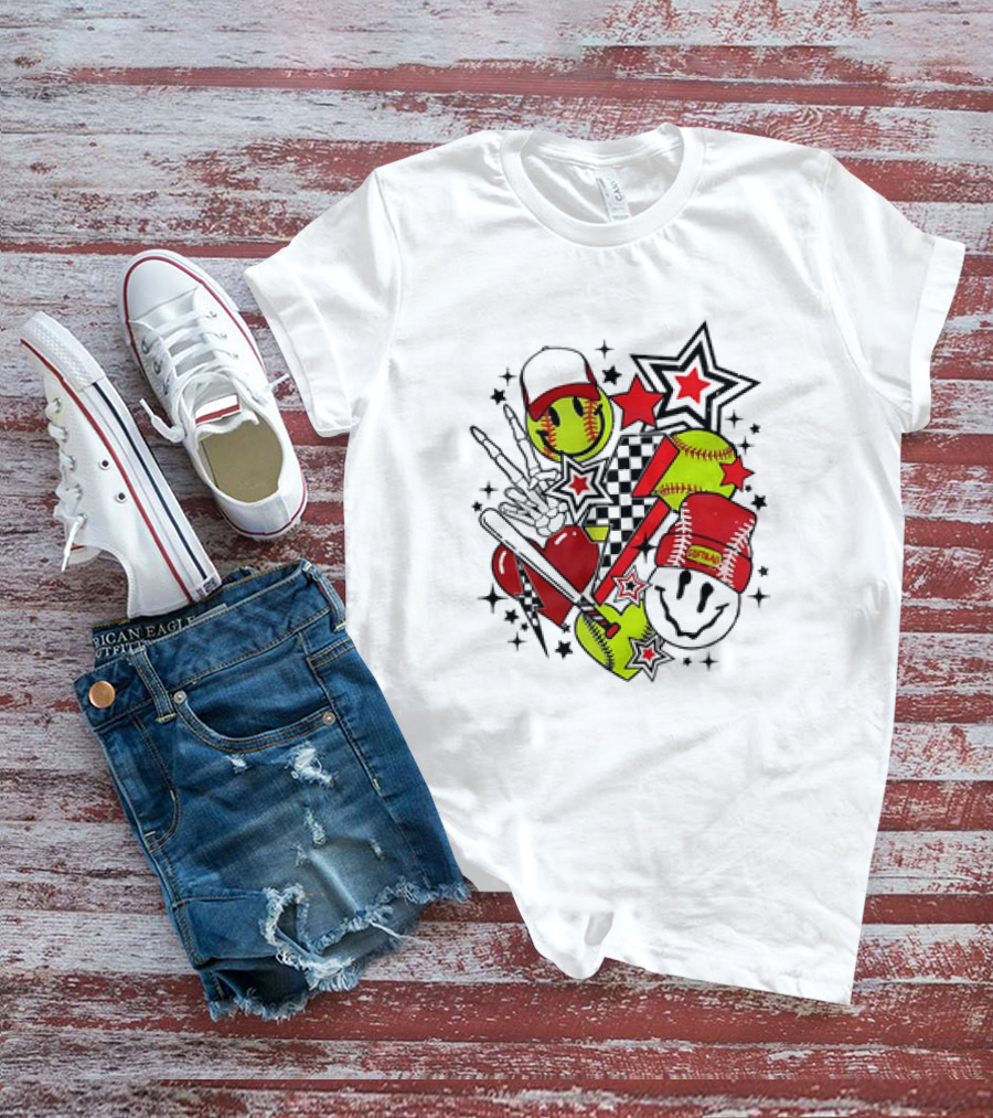 Softball Smiley Face Devil Cap Bats And Stars Retro T-Shirt