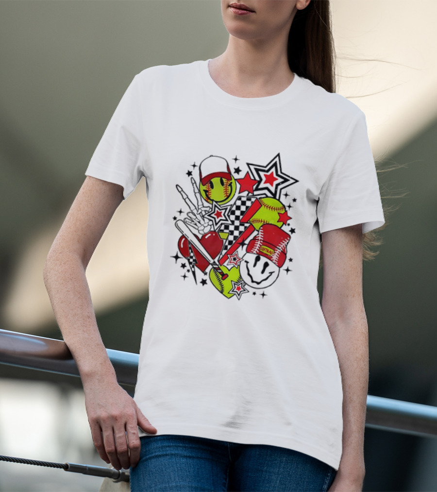 Softball Smiley Face Devil Cap Bats And Stars Retro T-Shirt