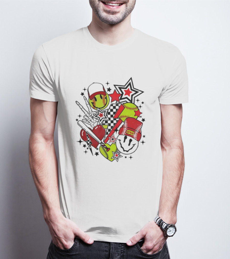 Softball Smiley Face Devil Cap Bats And Stars Retro T-Shirt