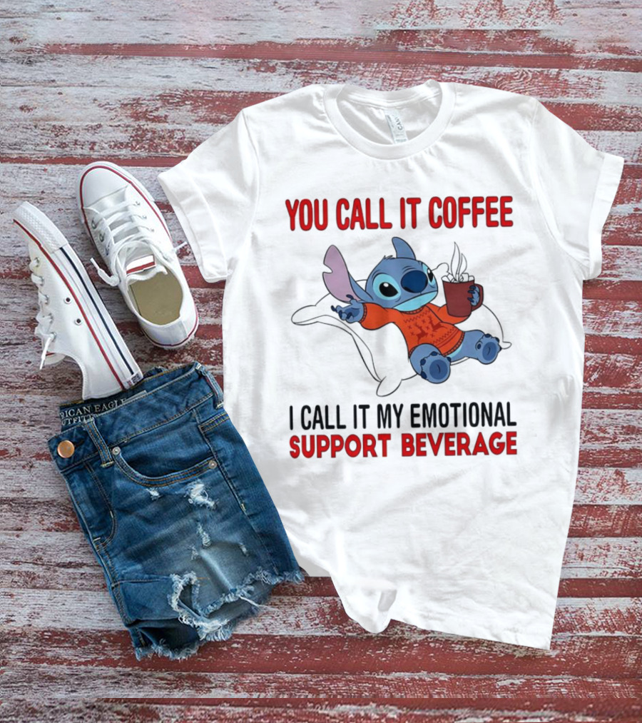 Stitch You Call It Coffee I Call It My Emotional Support Beverage Blue Alien Character With Hot Drink In Red Sweater T-Shirt