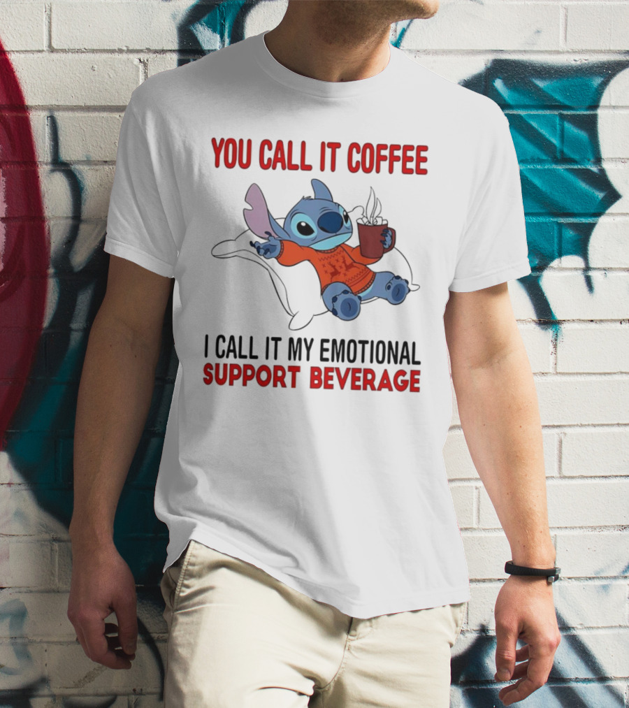 Stitch You Call It Coffee I Call It My Emotional Support Beverage Blue Alien Character With Hot Drink In Red Sweater T-Shirt