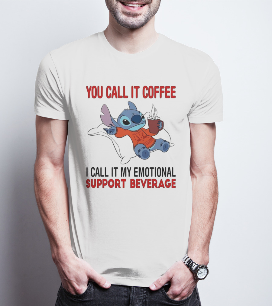 Stitch You Call It Coffee I Call It My Emotional Support Beverage Blue Alien Character With Hot Drink In Red Sweater T-Shirt