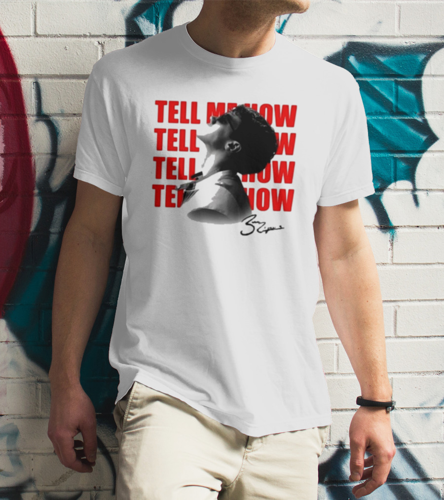 Tell Me How Ben Rodrigues Signature Black And White Artistic Portrait With Repeated Text In Eye-Catching Red Style T-Shirt