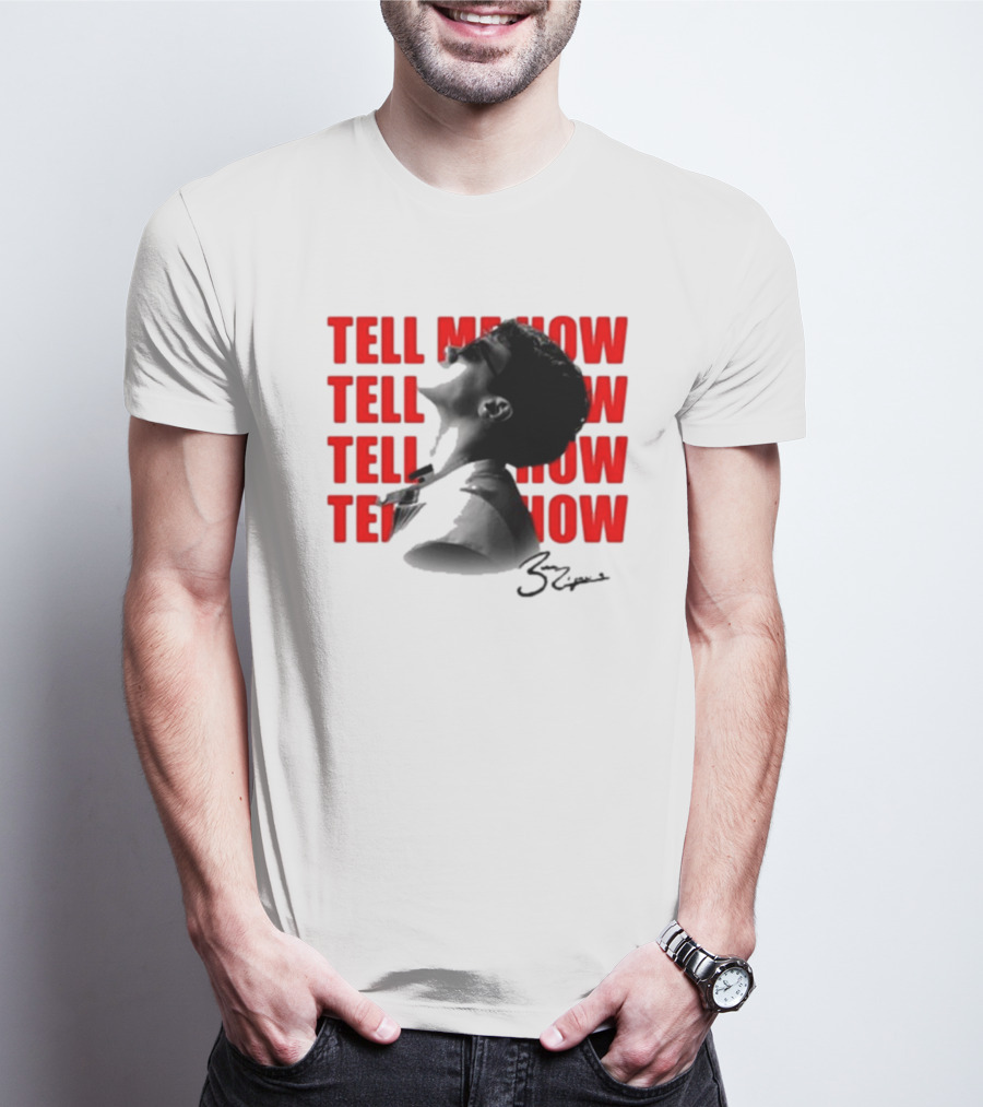 Tell Me How Ben Rodrigues Signature Black And White Artistic Portrait With Repeated Text In Eye-Catching Red Style T-Shirt