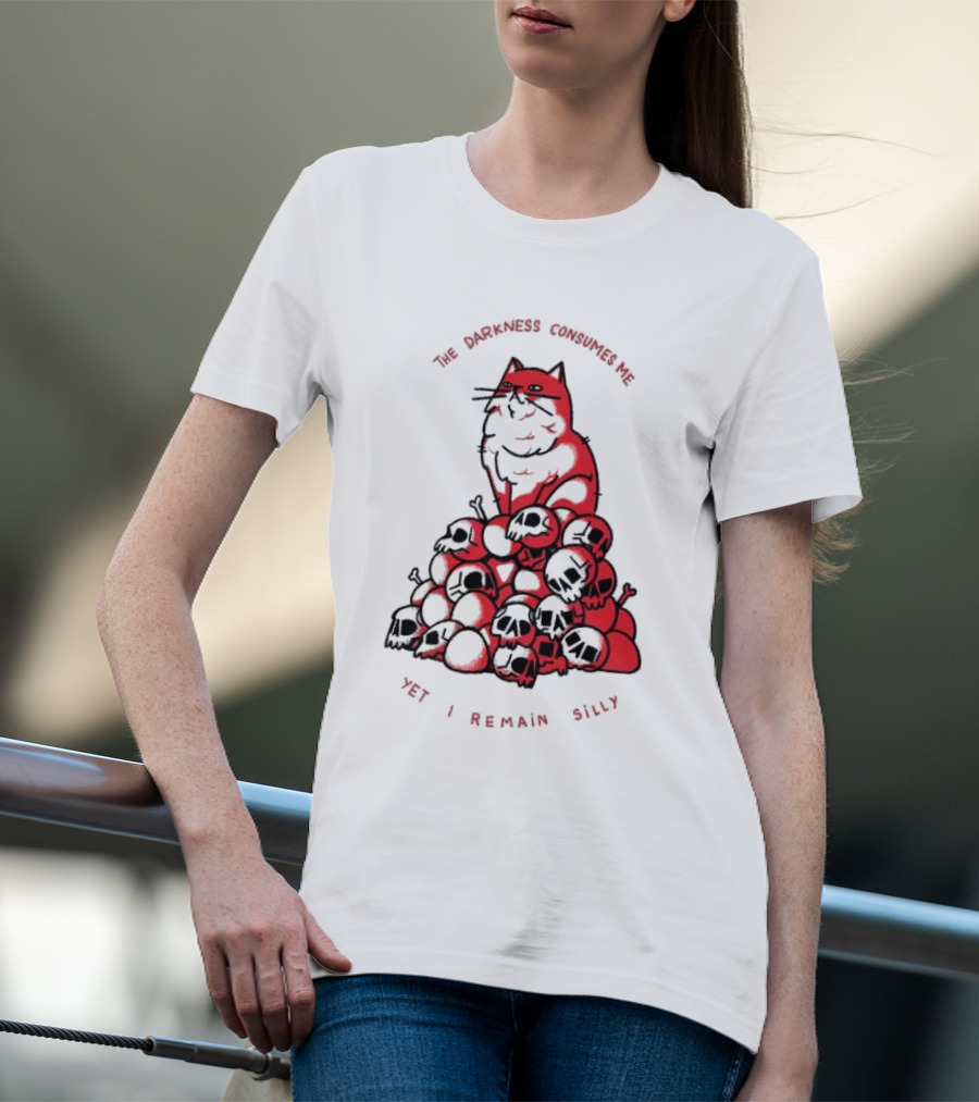 The Darkness Consumes Me Yet I Remain Silly Red Cat Bats Skulls T-Shirt