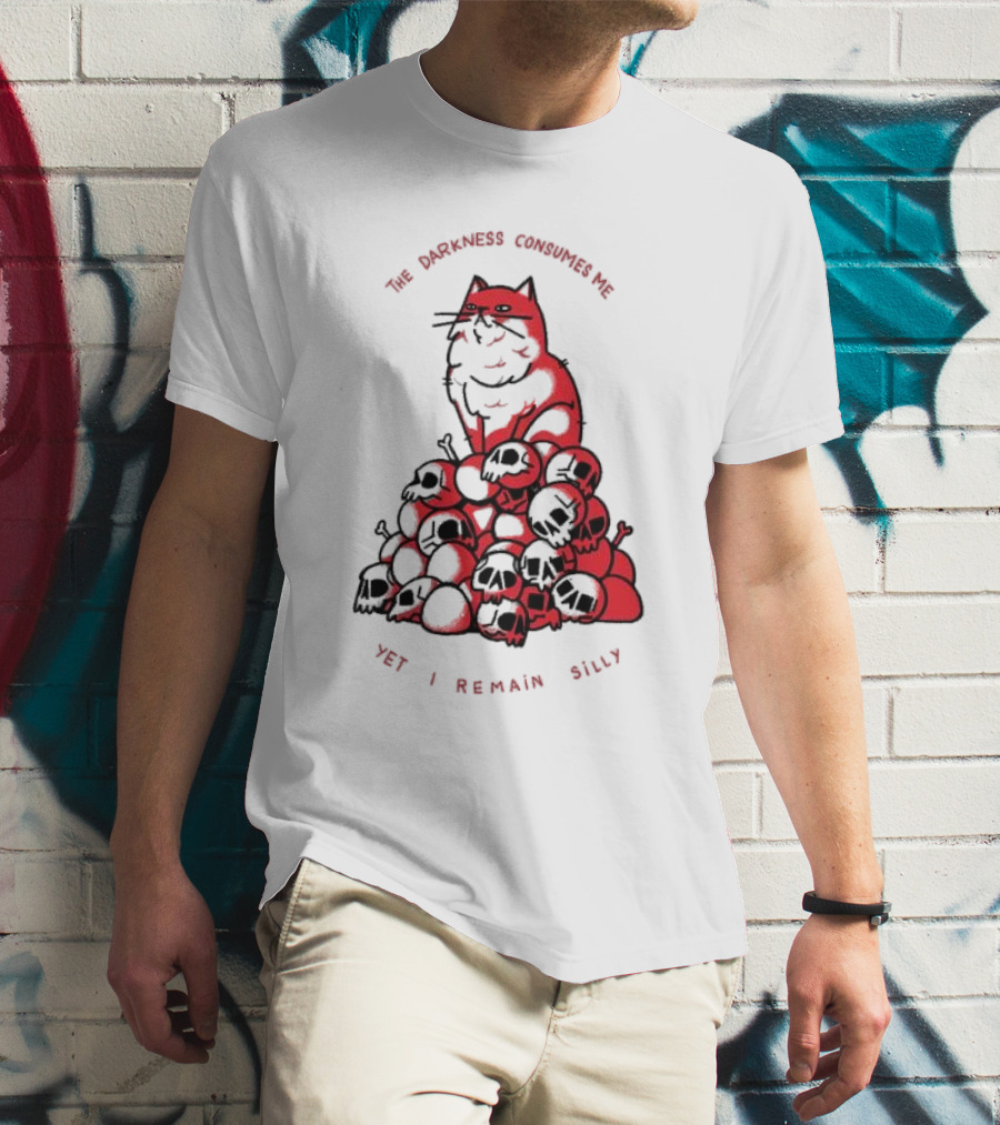 The Darkness Consumes Me Yet I Remain Silly Red Cat Bats Skulls T-Shirt