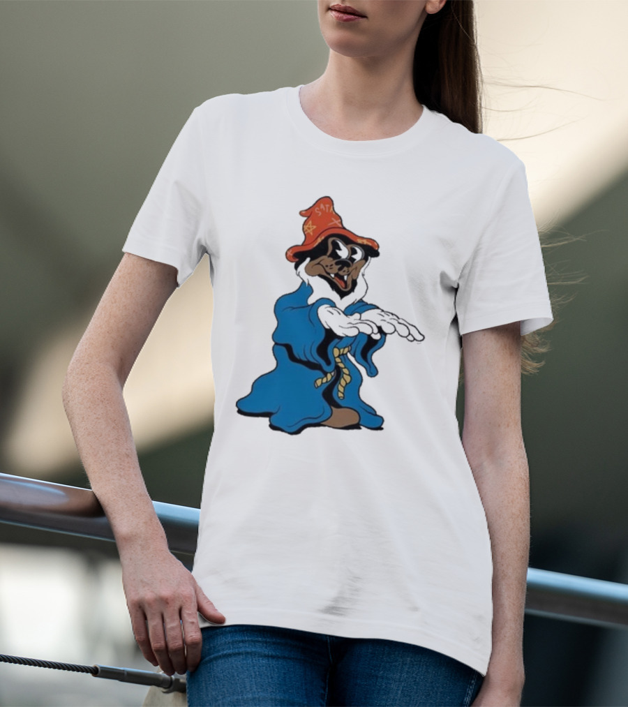 The Dudes It’s All Wavy Wizard Dog In Blue Robe With Orange Star Hat T-Shirt