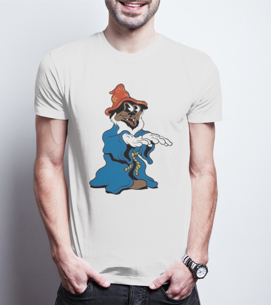 The Dudes It’s All Wavy Wizard Dog In Blue Robe With Orange Star Hat T-Shirt