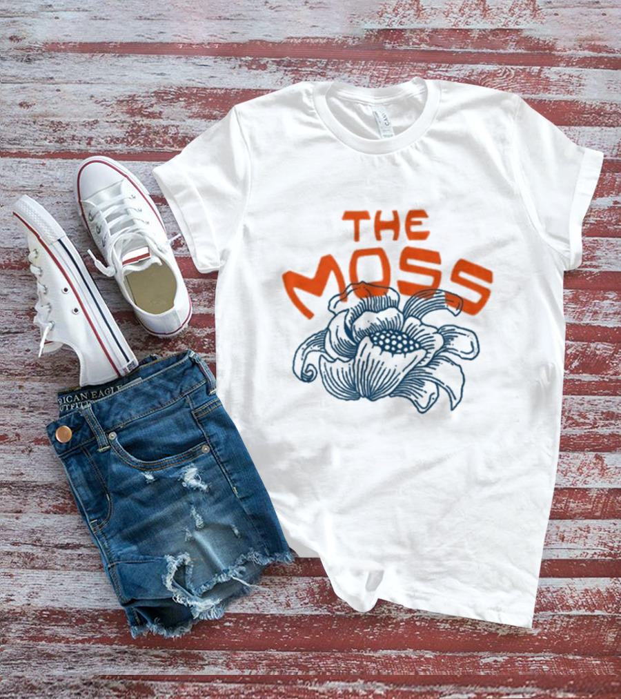 The Moss Flower 2025 Bold Blue And Orange Text Over Artistic Floral Illustration T-Shirt