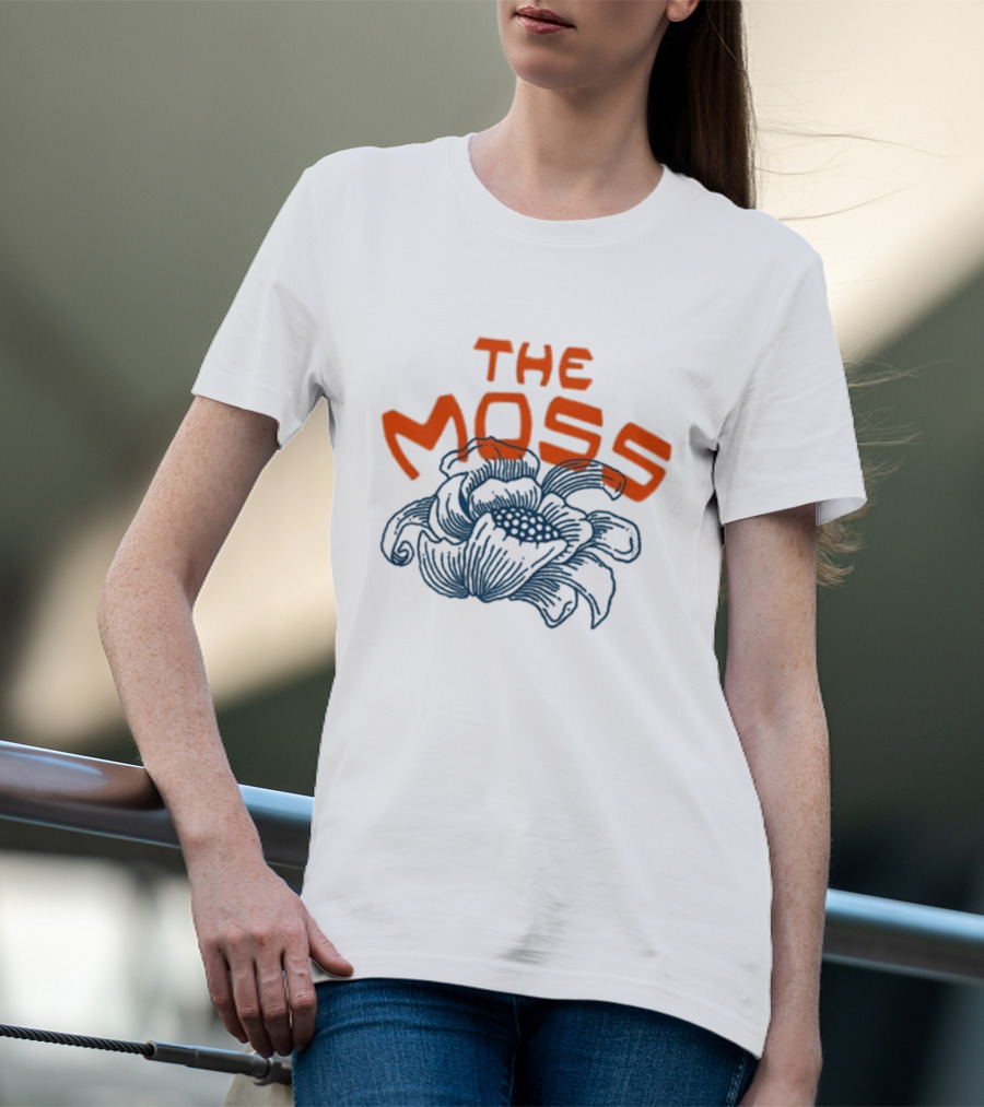 The Moss Flower 2025 Bold Blue And Orange Text Over Artistic Floral Illustration T-Shirt