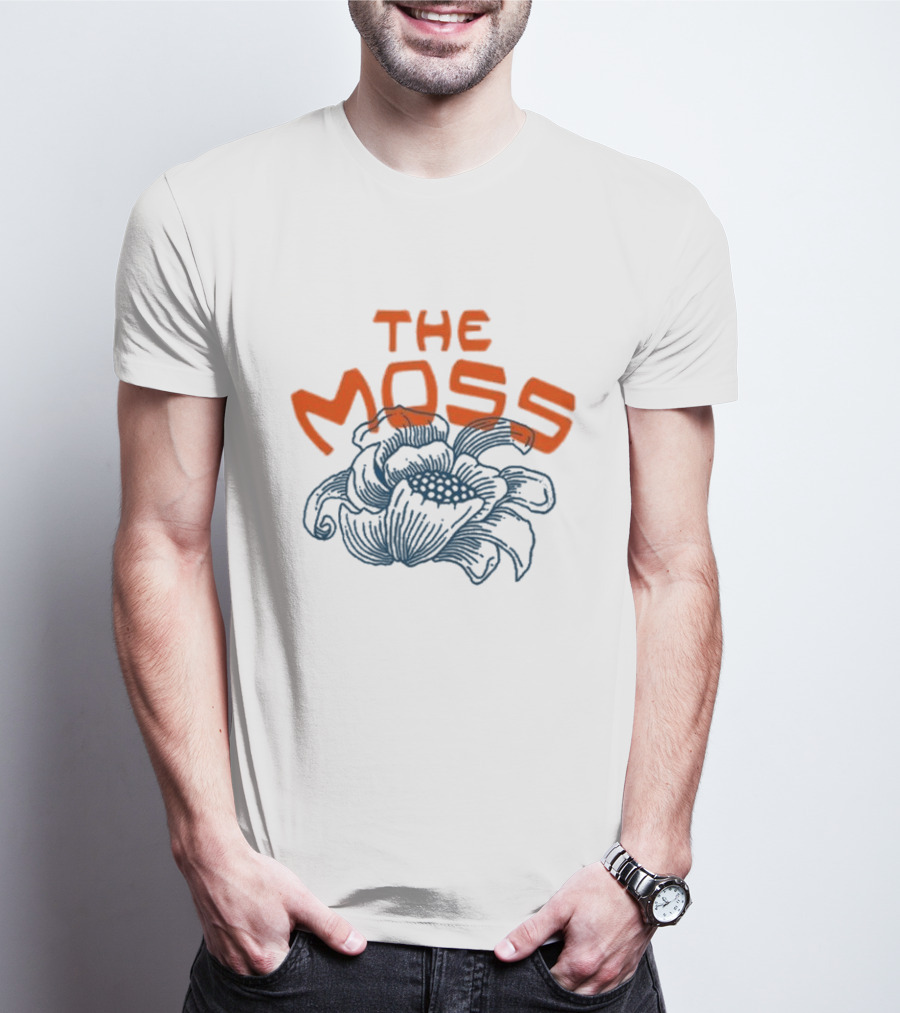 The Moss Flower 2025 Bold Blue And Orange Text Over Artistic Floral Illustration T-Shirt