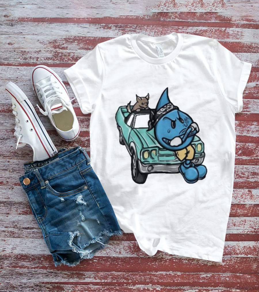 Thornhill Bat White Blue Cartoon Character With Dog In Classic Car T-Shirt