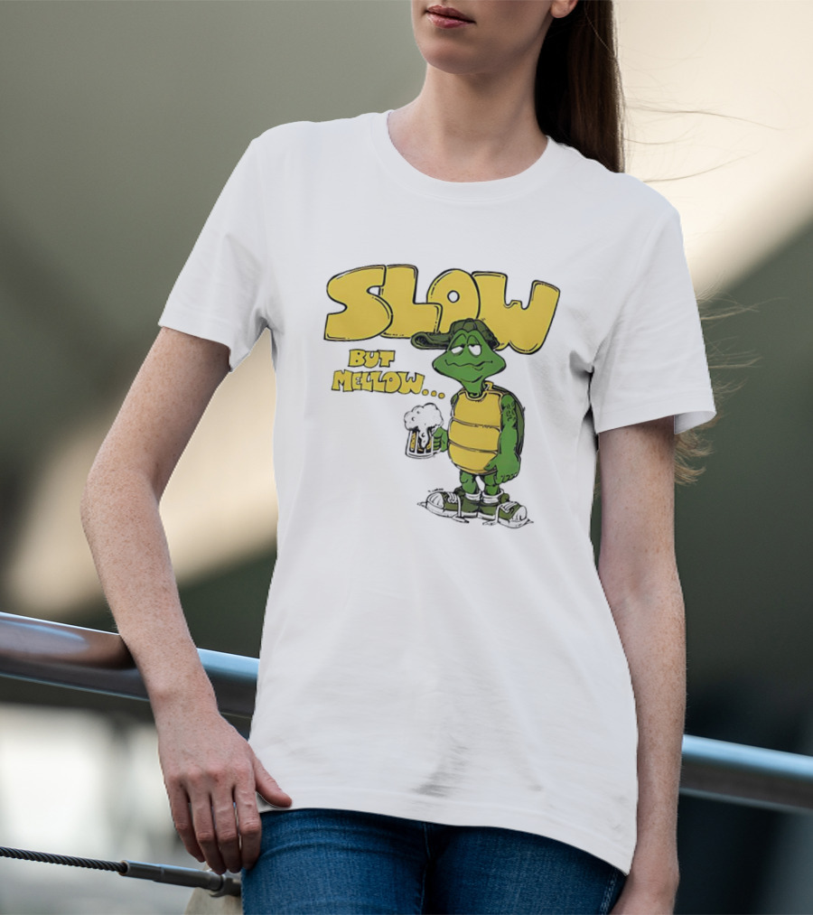 Slow But Mellow Turtle With Beer Retro Vintage 70s Style T-Shirt