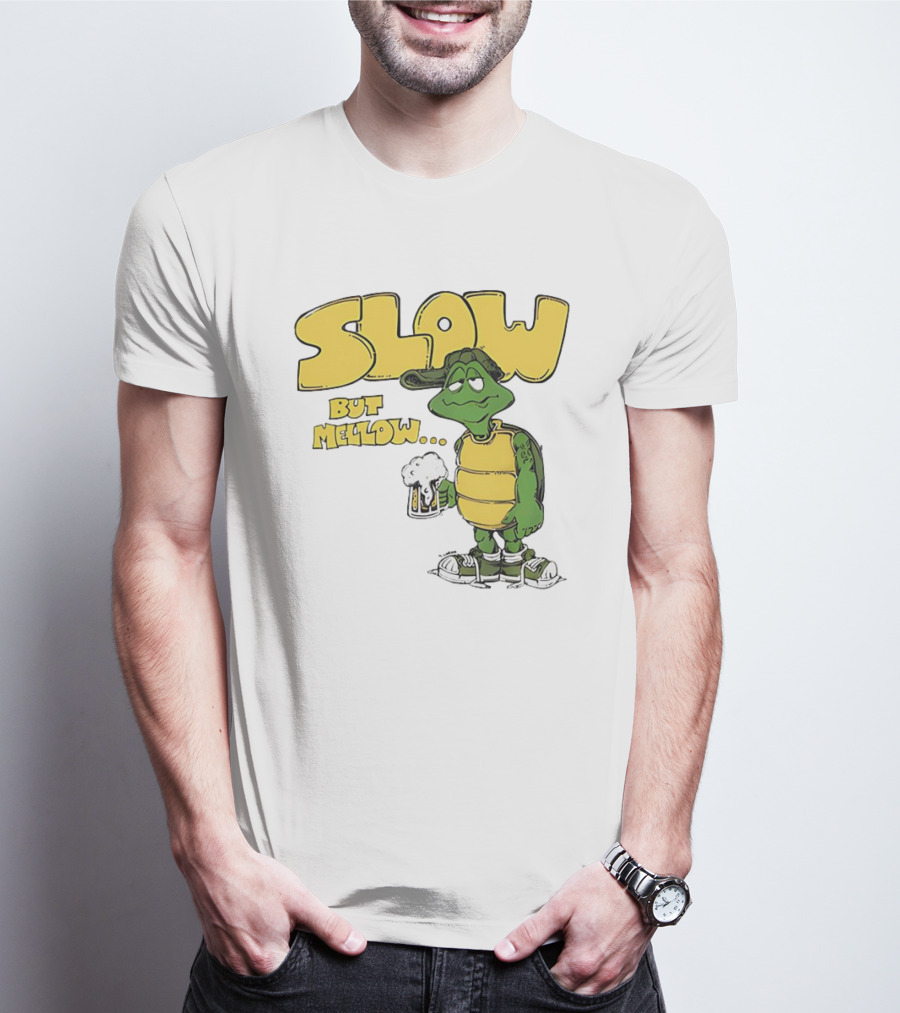 Slow But Mellow Turtle With Beer Retro Vintage 70s Style T-Shirt
