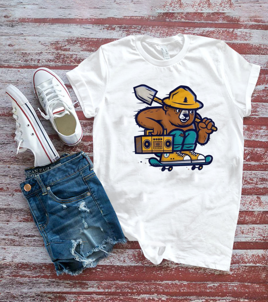 ```Wildfire Relief Bear Skateboarding With Boombox And Shovel``` T-Shirt