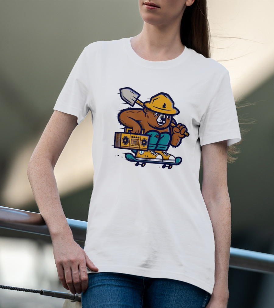 ```Wildfire Relief Bear Skateboarding With Boombox And Shovel``` T-Shirt