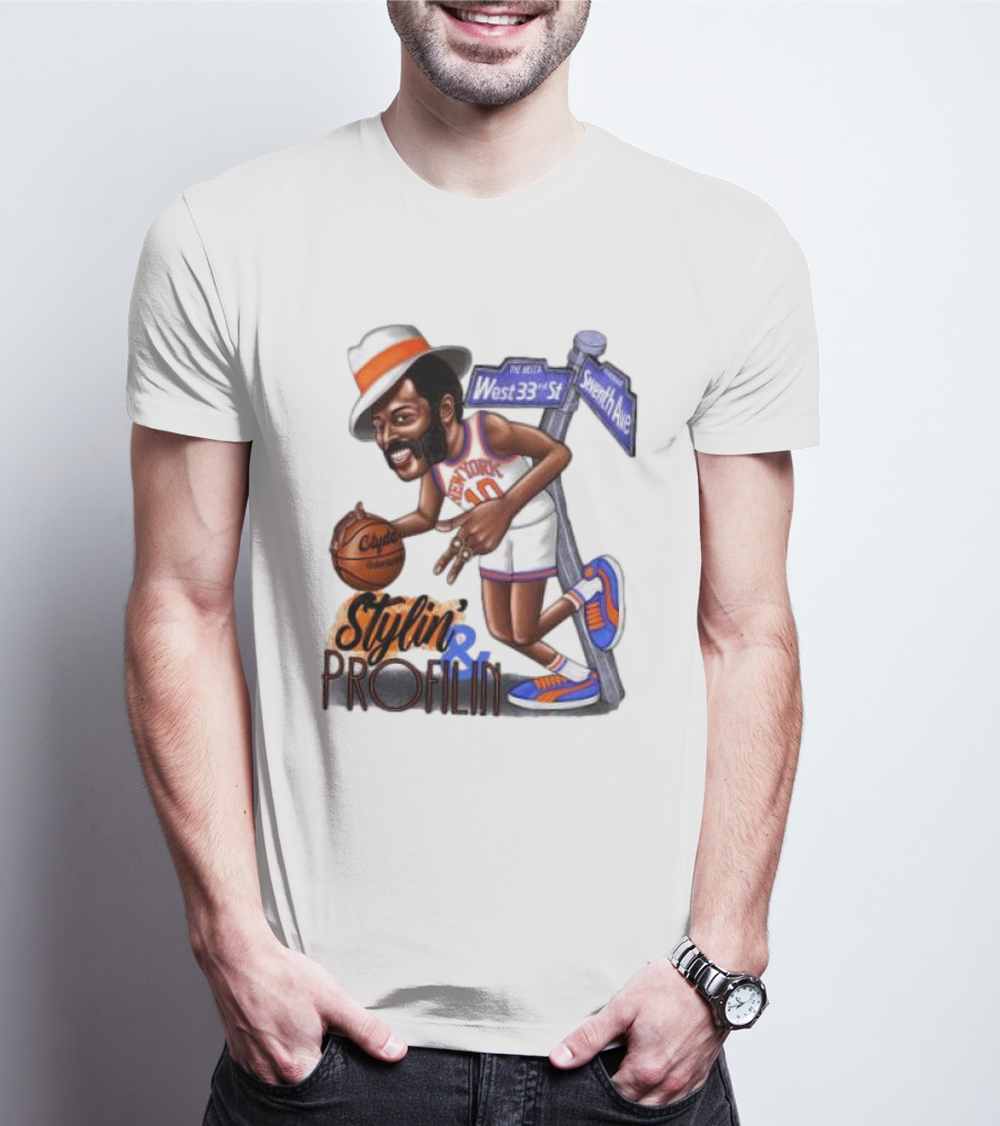 West 33rd St Seventh Ave Clyde Stylin Profilin New York Knicks Walt Frazier T-Shirt