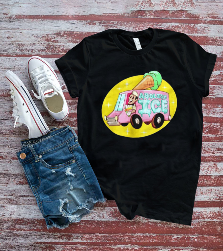 Abolish Ice Pink Ice Cream Truck With Melting Cone On Yellow T-Shirt