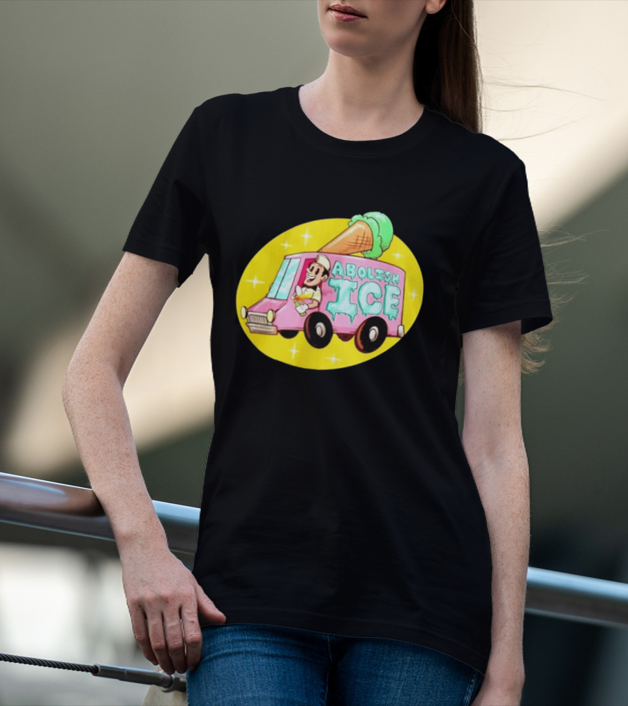 Abolish Ice Pink Ice Cream Truck With Melting Cone On Yellow T-Shirt