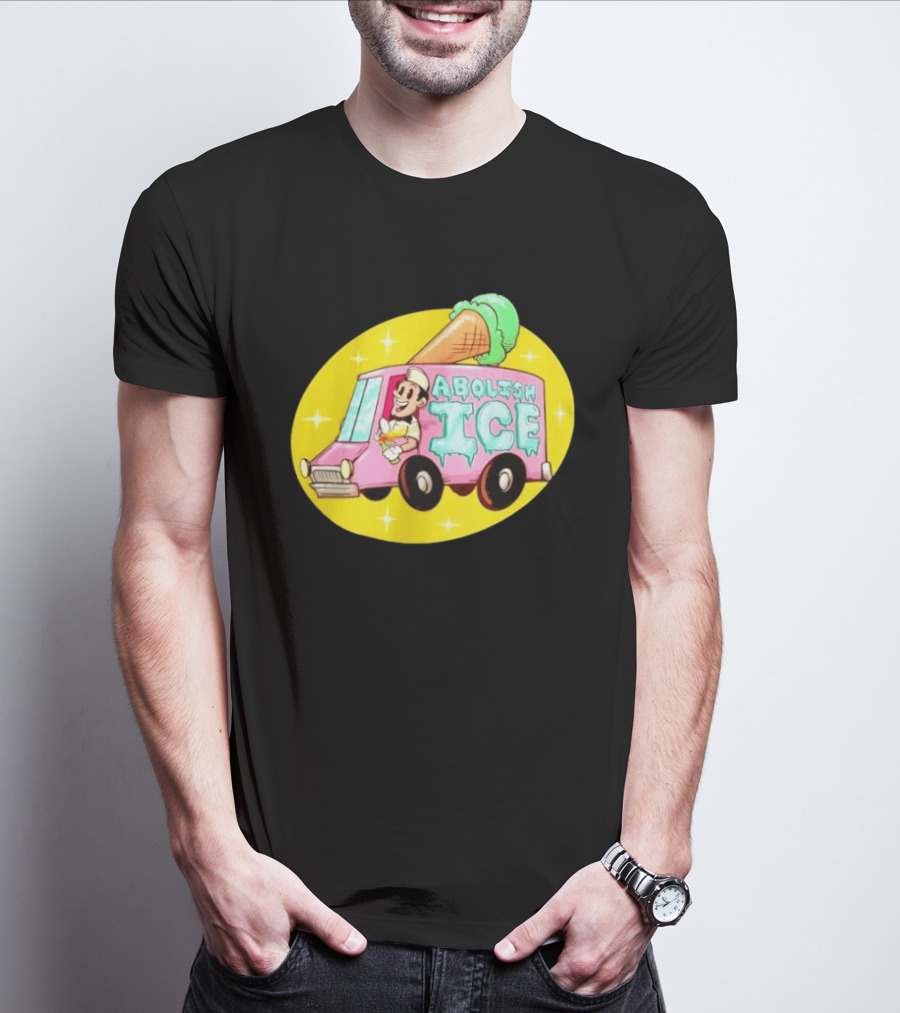 Abolish Ice Pink Ice Cream Truck With Melting Cone On Yellow T-Shirt